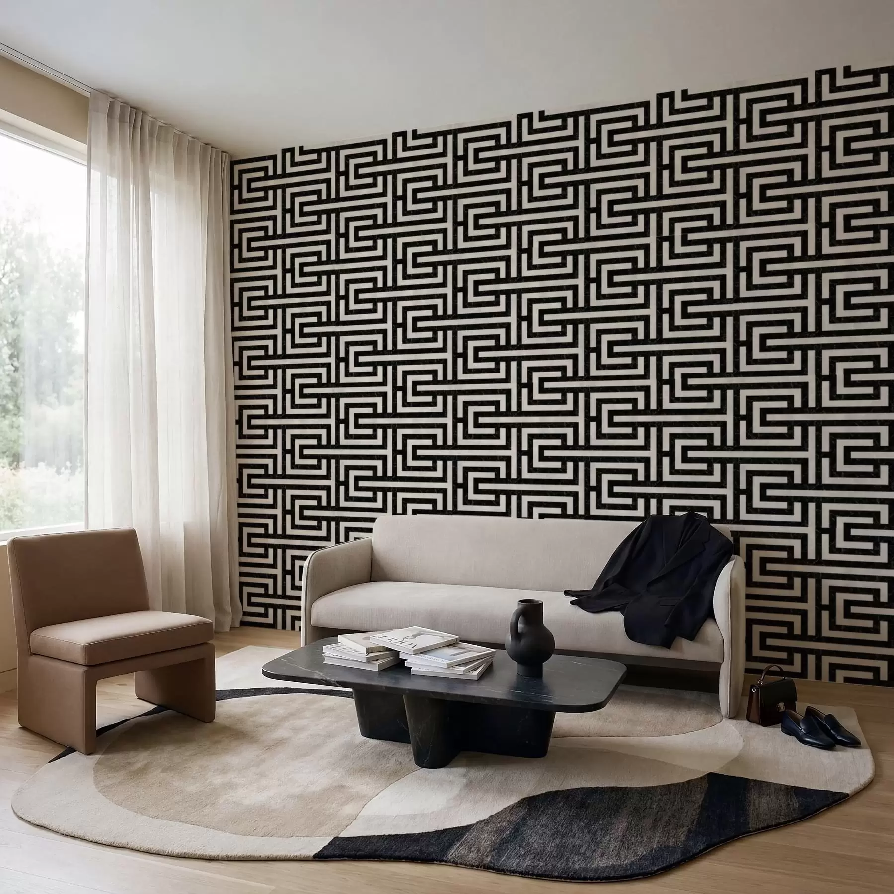 Murale Motif géométrique noir et blanc en forme de labyrinthe a01073