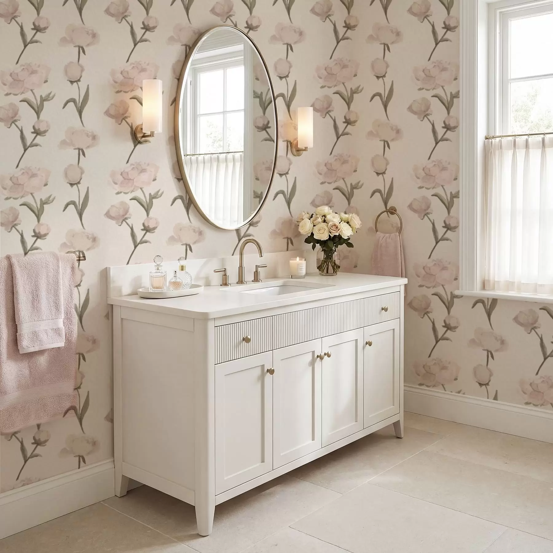 Murale Pivoines rose pâle sur fond clair a01114