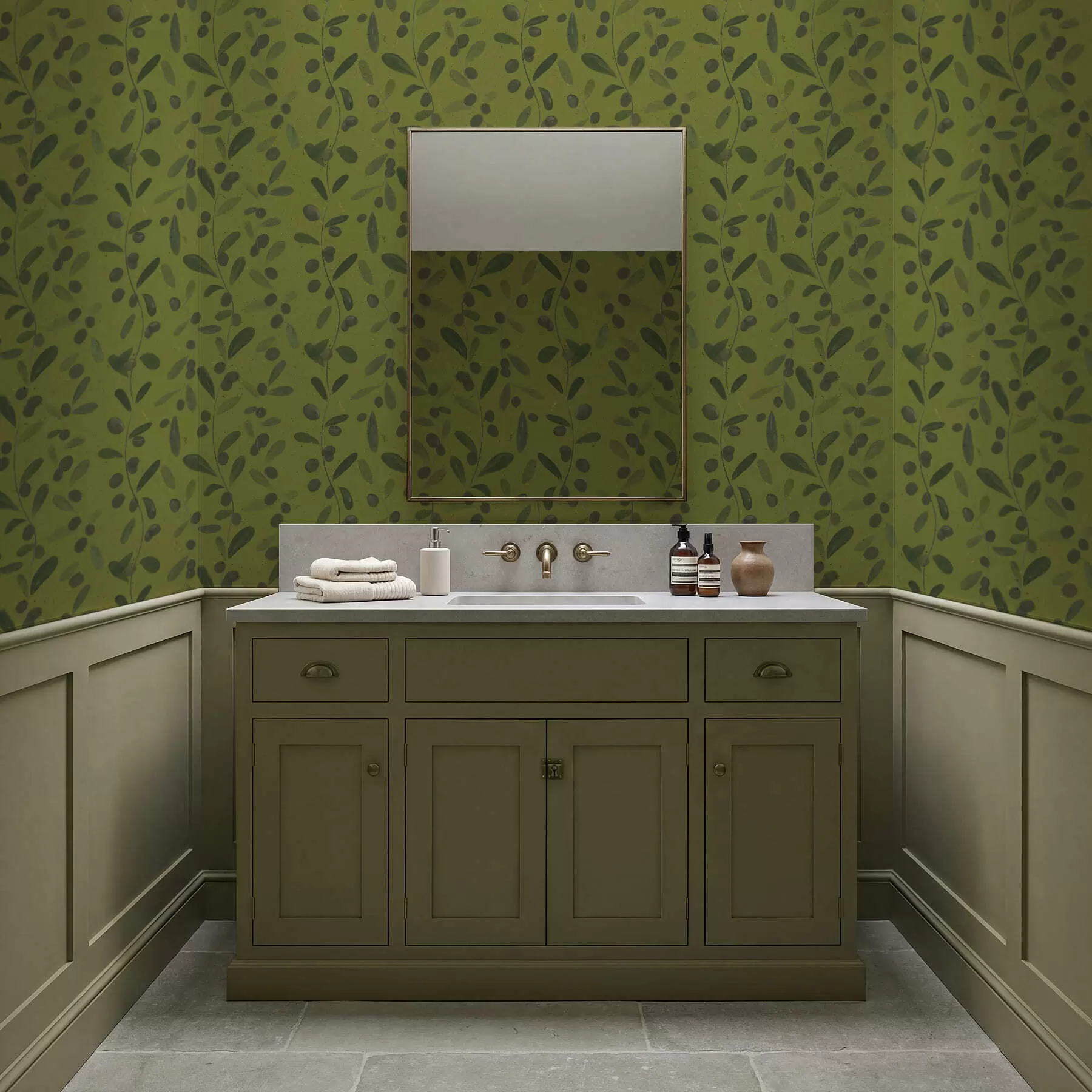 Murale Branches vertes avec feuilles et baies sur olivier a01113