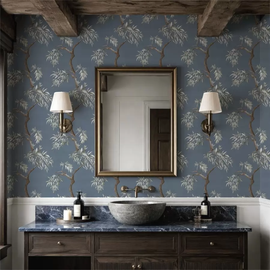 Fototapete Baumzweig mit Blättern auf blauem Hintergrund a01117