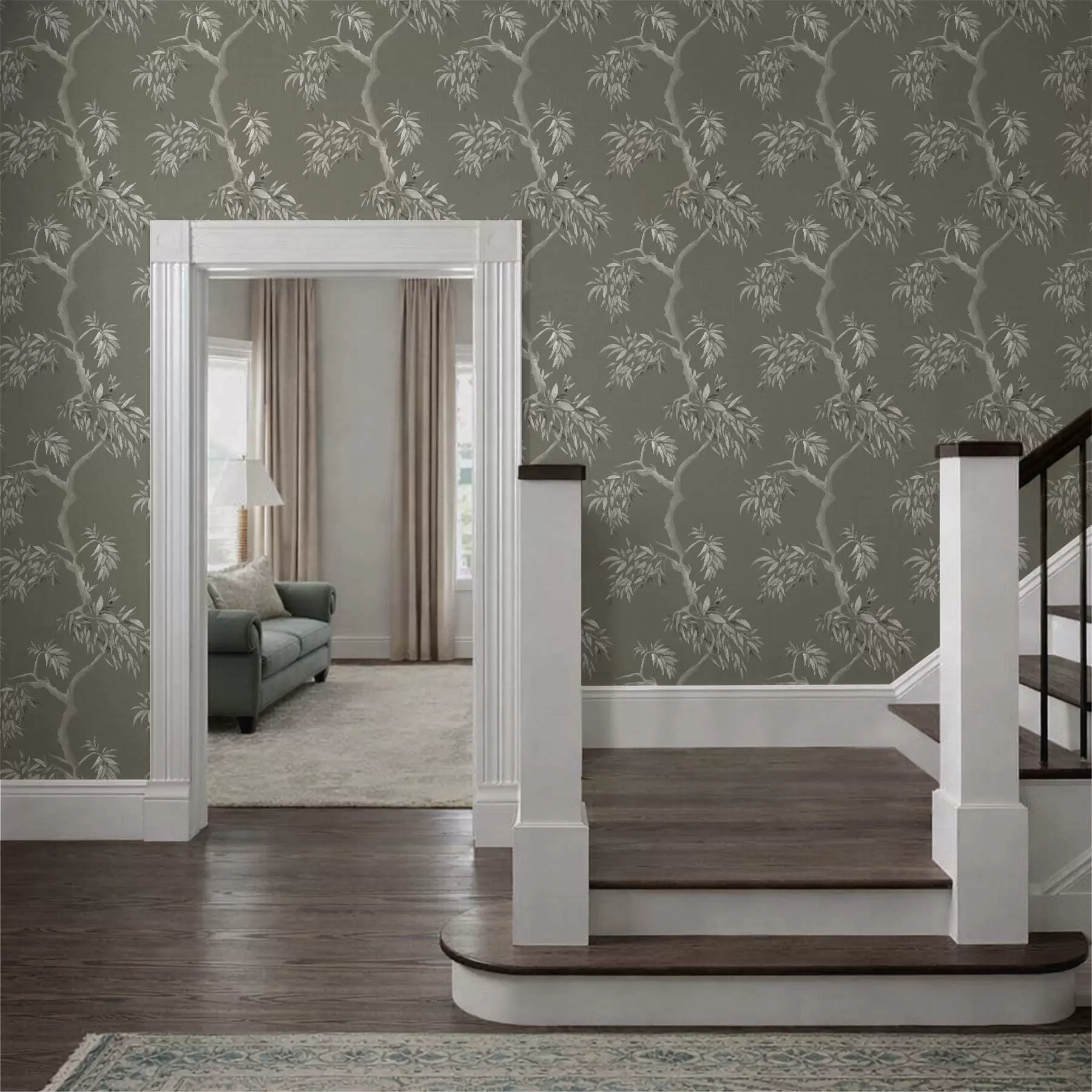 Fototapete Leichter Ast mit Blättern auf olivfarbenem Hintergrund a01117v1