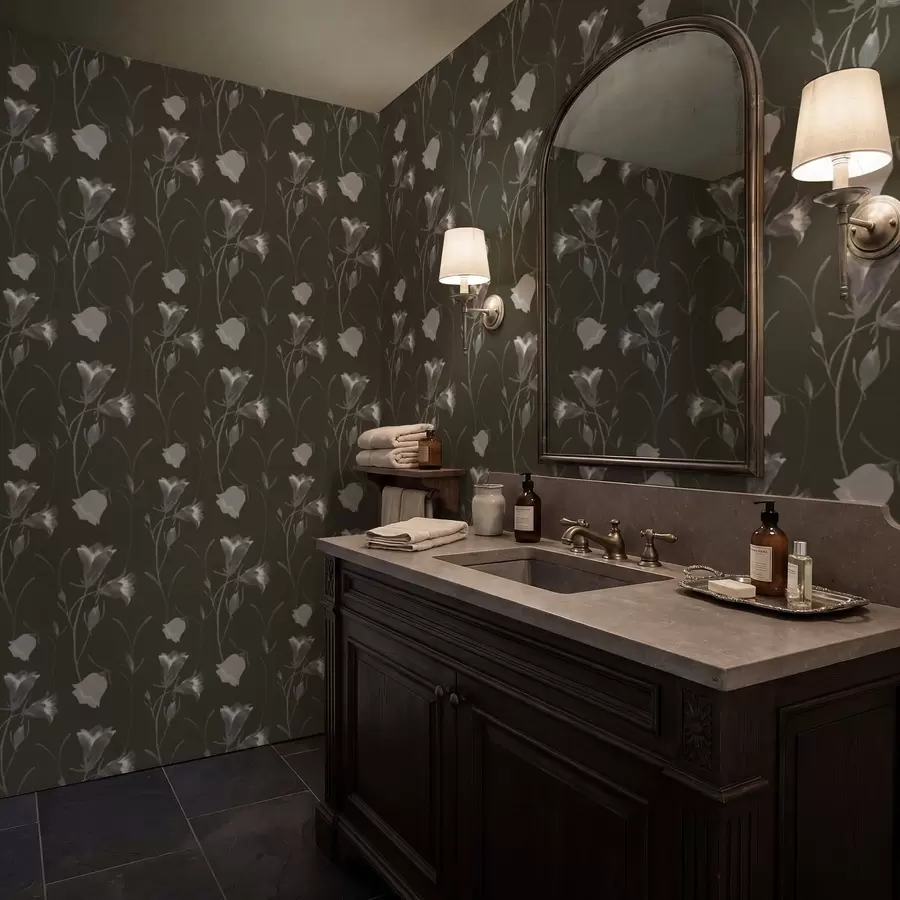 Murale Fleurs grises en forme de clochettes sur fond sombre a01119v1