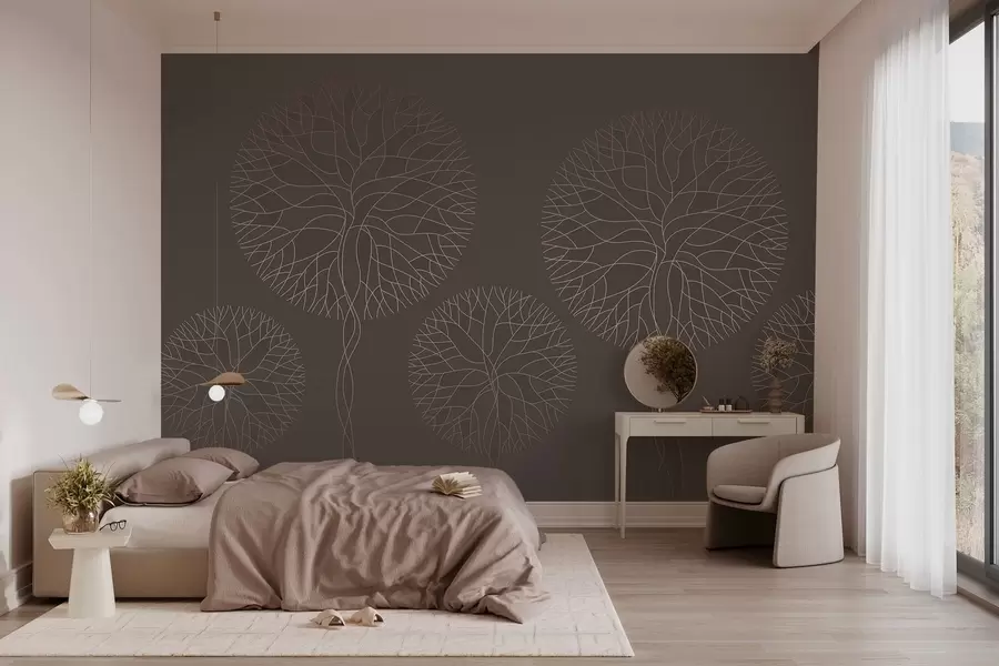 Murale Arbres fantastiques linéaires aux couronnes luxuriantes dans d'élégants tons moka w05213v1