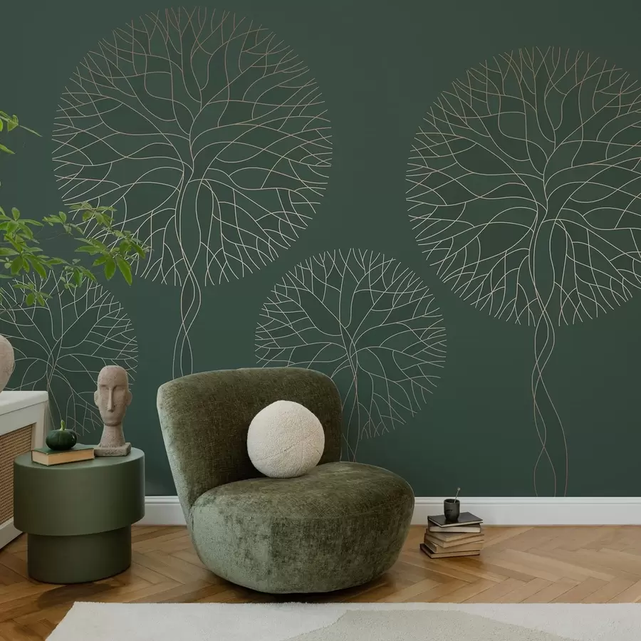 Murale Arbres fantaisistes aux couronnes luxuriantes dans d'élégants tons vert foncé w05213v2