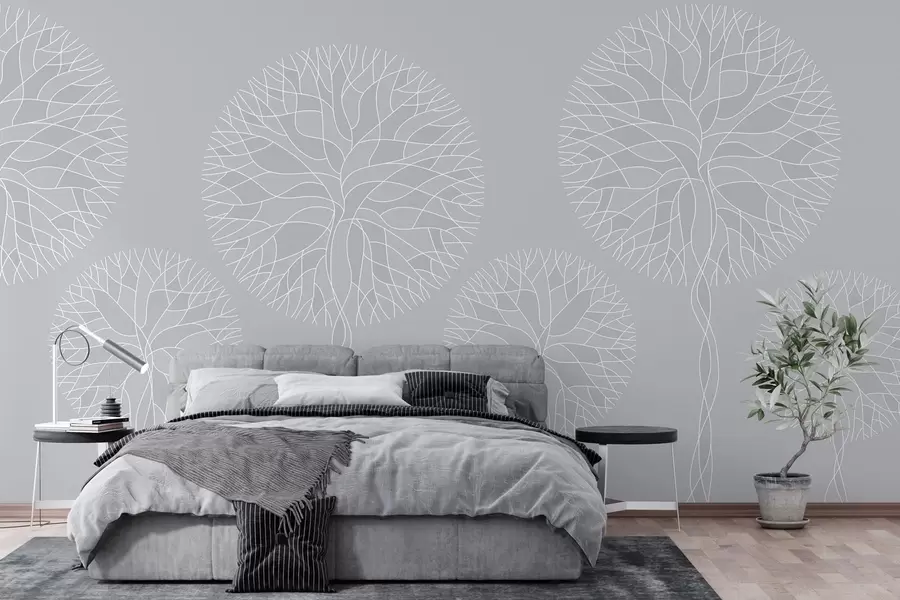 Fototapete Fantasievolle lineare Bäume mit üppigen Kronen in hellen Grautönen w05213v4