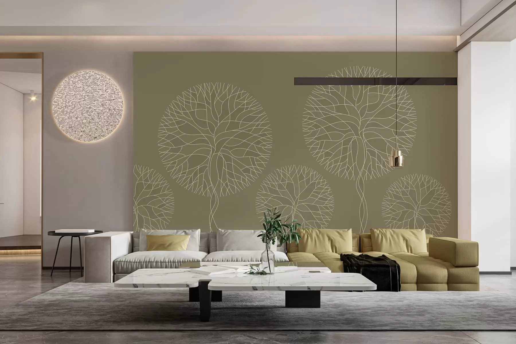 Murale Arbres fantaisistes linéaires aux couronnes luxuriantes dans des tons kaki w05213v7