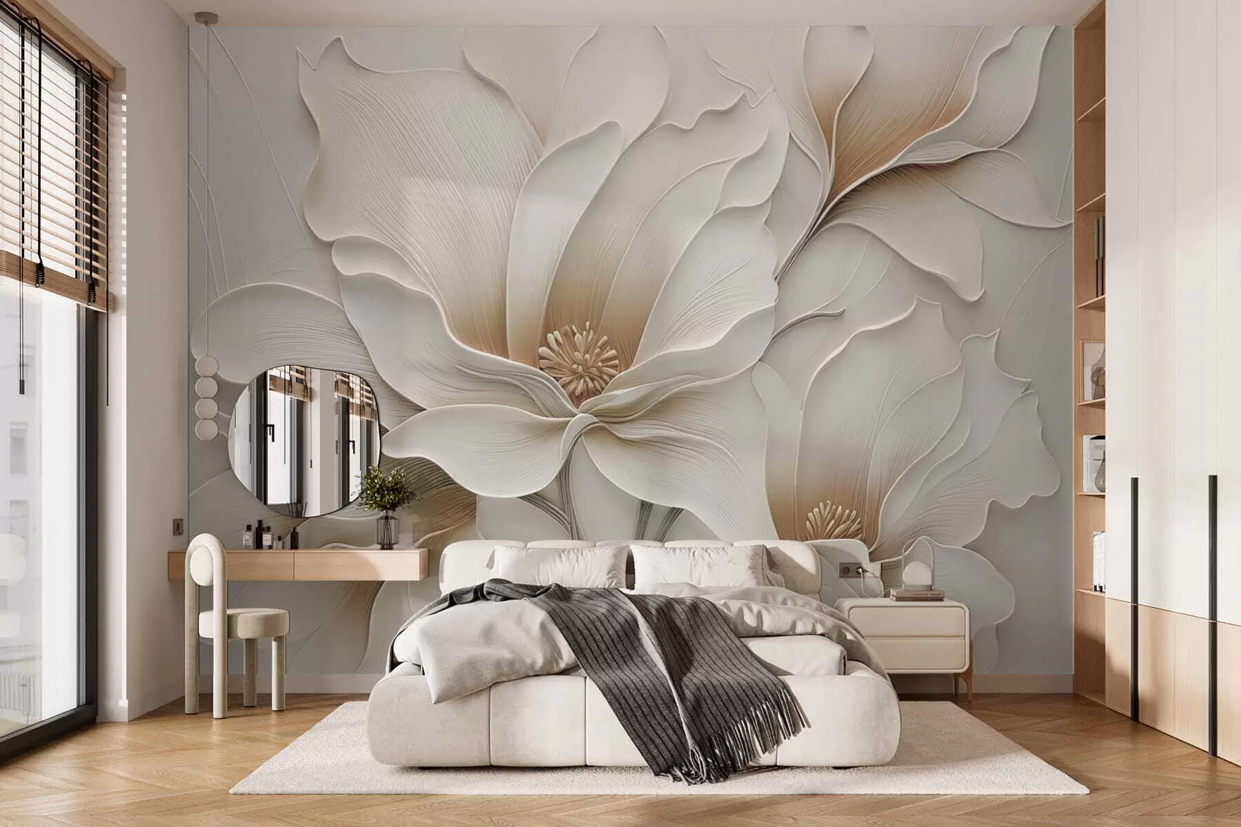 Murale Gros plan sur un relief floral beige en relief w05269