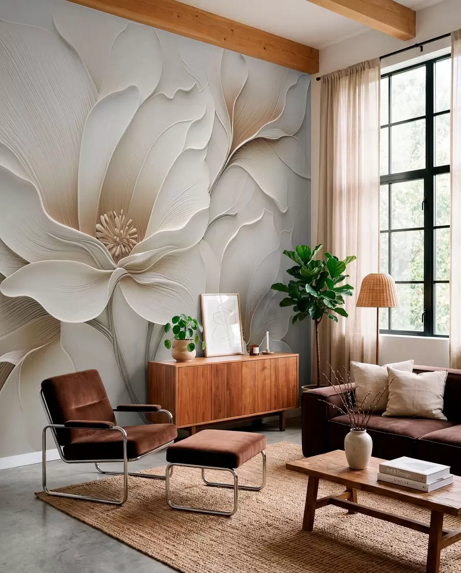 fototapeter Præget beige blomsterrelief nærbillede w05269