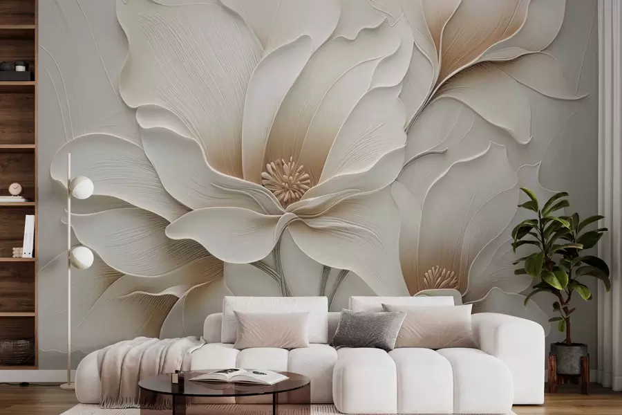 Murale Gros plan sur un relief floral beige en relief w05269