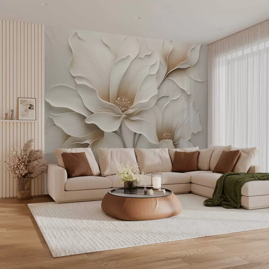 Murale Gros plan sur un relief floral beige en relief w05269