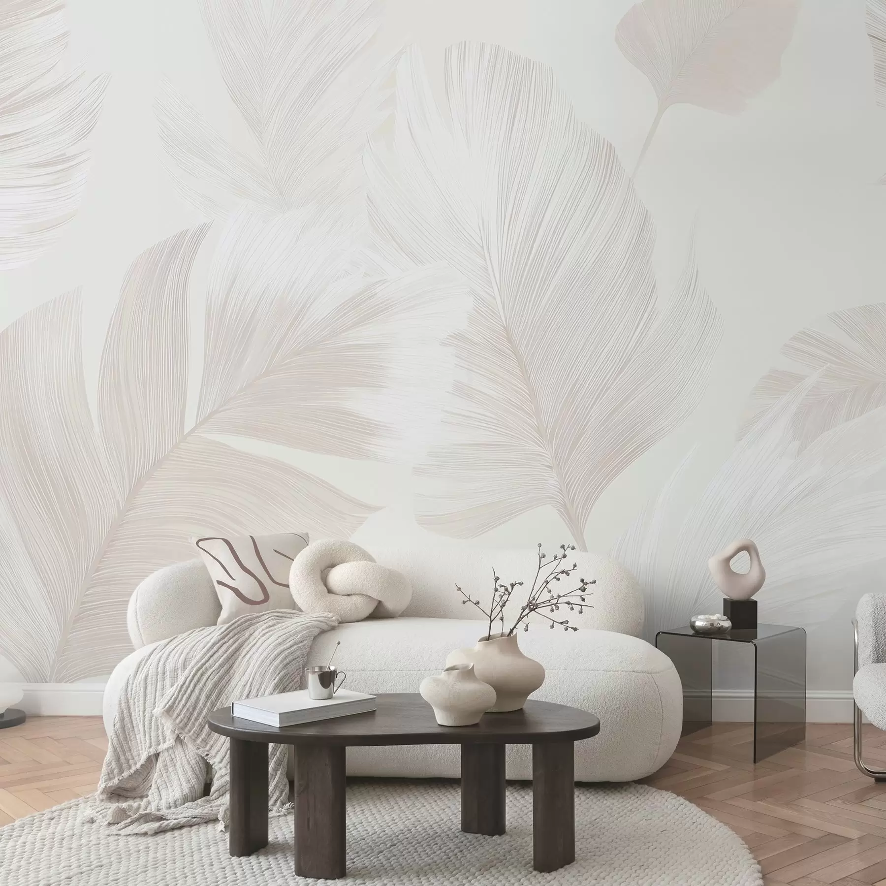 Murale Plumes douces couleur ivoire dans des tons beige laiteux w09563