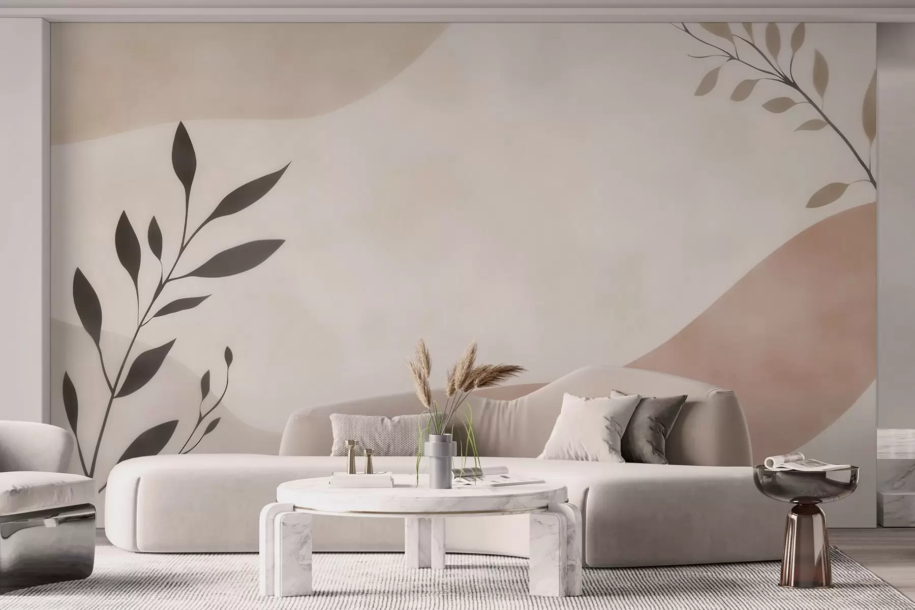 Murale Vagues abstraites beige-pêche avec des branches w09722