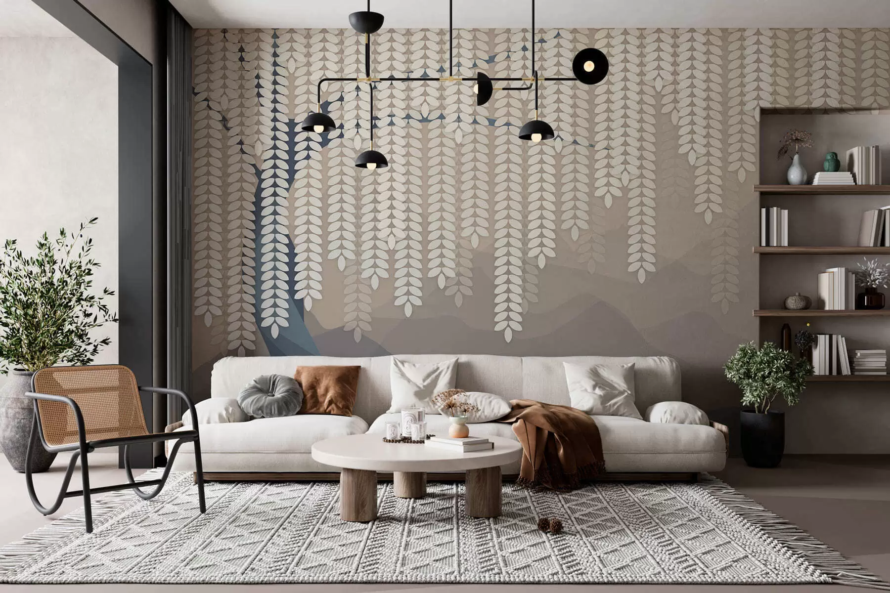 Fototapete Stilisierter Weidenbaum mit herabhängenden Blättern vor dem Hintergrund minimalistischer Berge in Beige- und Blaugrüntönen w05232