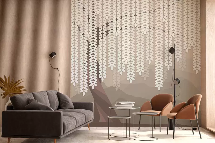 Murale Saule stylisé avec des feuilles pendantes sur fond de montagnes minimalistes dans des tons café. w05232v2