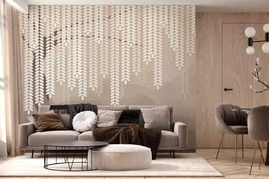 Fototapete Stilisierter Weidenbaum mit herabhängenden Blättern vor dem Hintergrund minimalistischer Berge in Kaffeetönen w05232v2