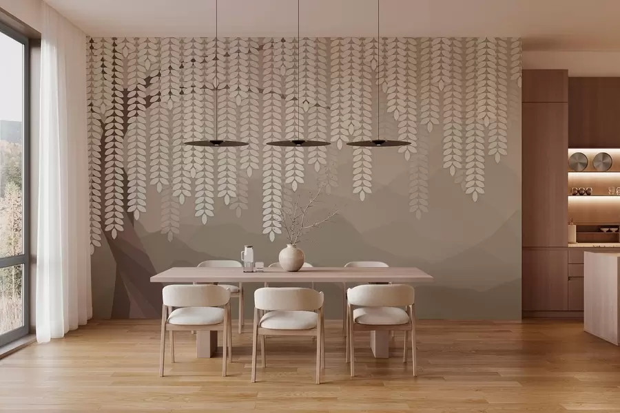 Fototapete Stilisierter Weidenbaum mit herabhängenden Blättern vor dem Hintergrund minimalistischer Berge in Kaffeetönen w05232v2
