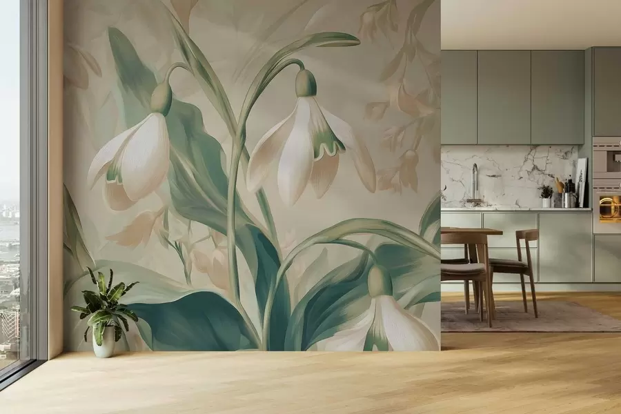 Murale perce-neige en fleurs sur fond beige w05234