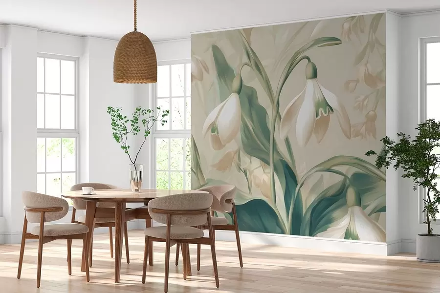 Fototapete blühende Schneeglöckchen auf beigem Hintergrund w05234