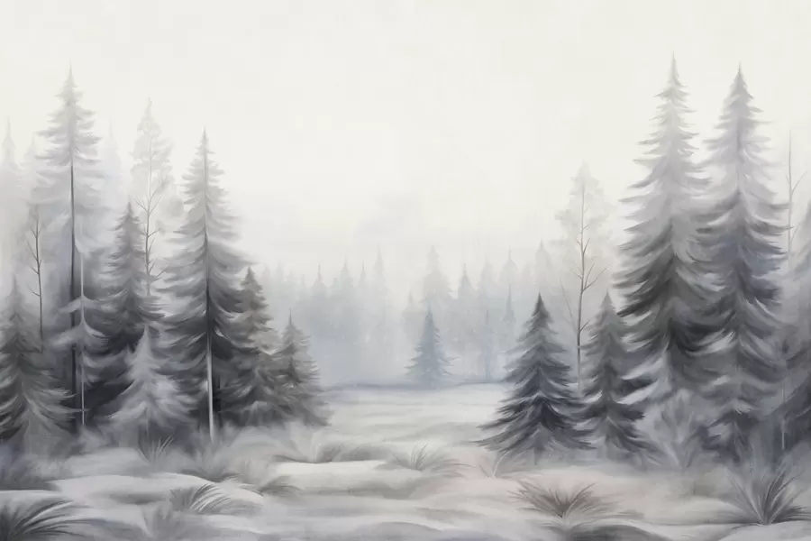 Fototapete Strukturierte Winterwaldbäume im Nebel, in gedämpften Grau- und Weißtönen w09745