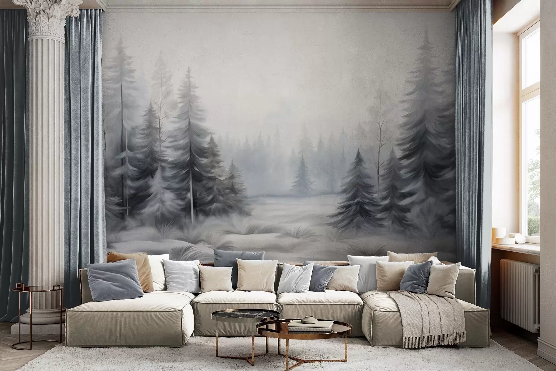 Murale Arbres texturés d'une forêt hivernale dans la brume, dans des tons gris et blancs atténués w09745