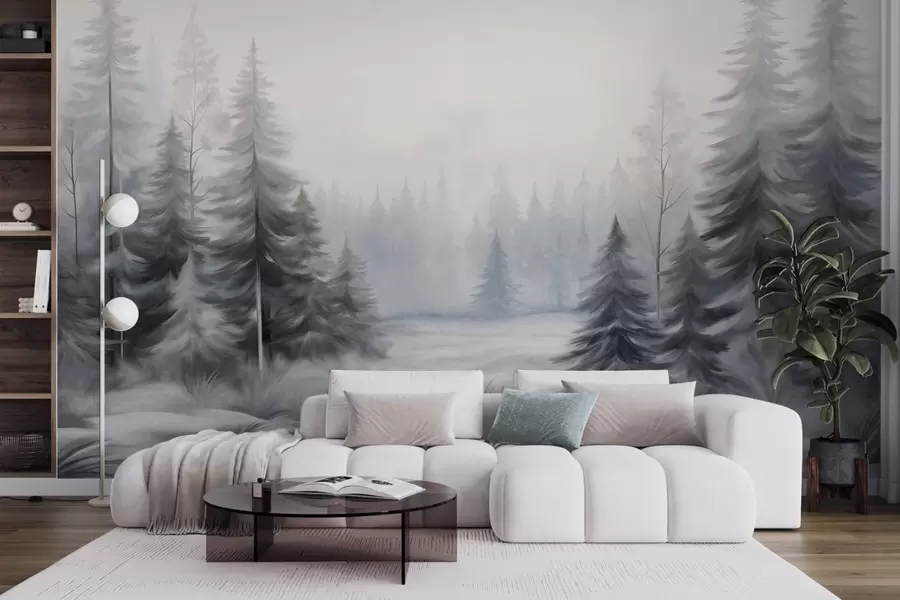 Murale Arbres texturés d'une forêt hivernale dans la brume, dans des tons gris et blancs atténués w09745