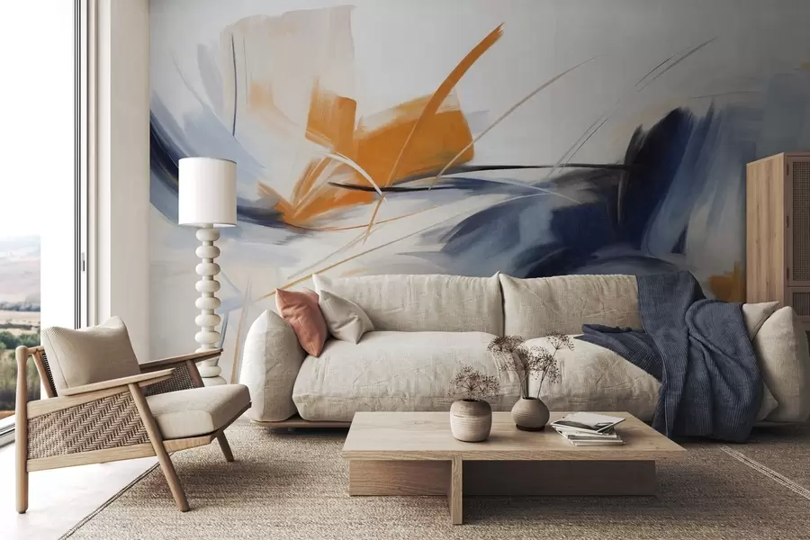 Fototapete Abstrakter Malstil mit orangefarbenen und blauen strukturierten Pinselstrichen w09755