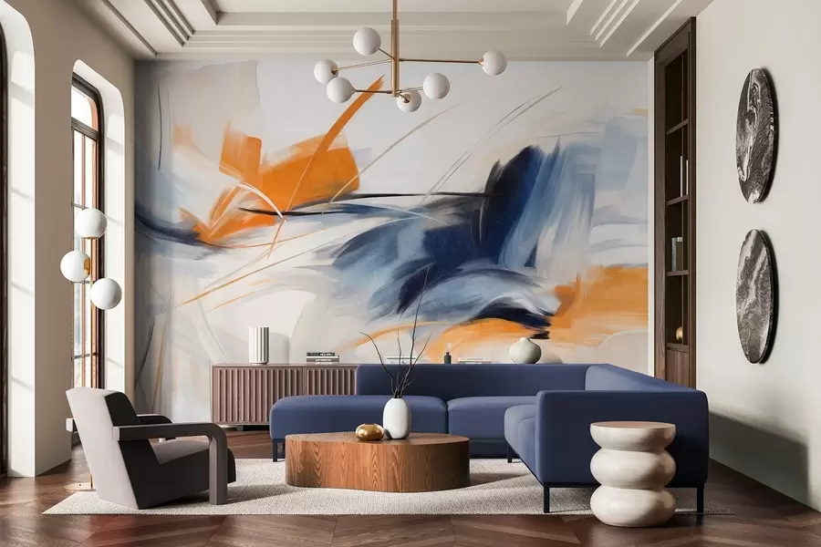 Murale Style de peinture abstraite avec des coups de pinceau texturés orange et bleus w09755