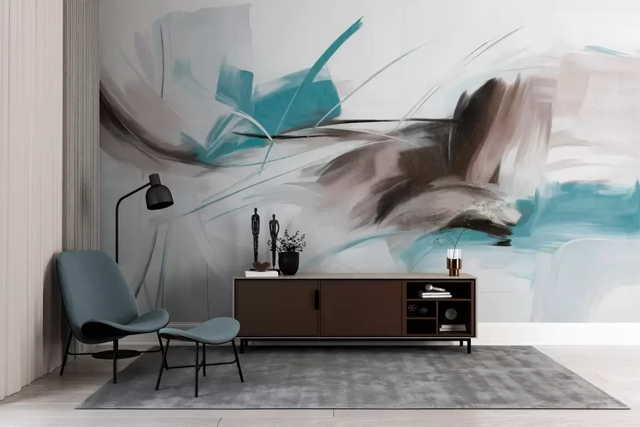 Murale Style de peinture abstraite avec des coups de pinceau texturés marron et bleus w09755v1