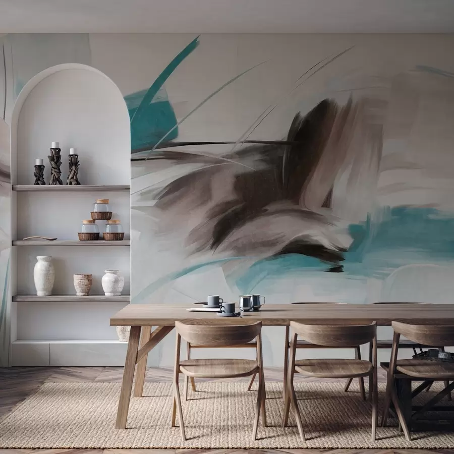 Murale Style de peinture abstraite avec des coups de pinceau texturés marron et bleus w09755v1