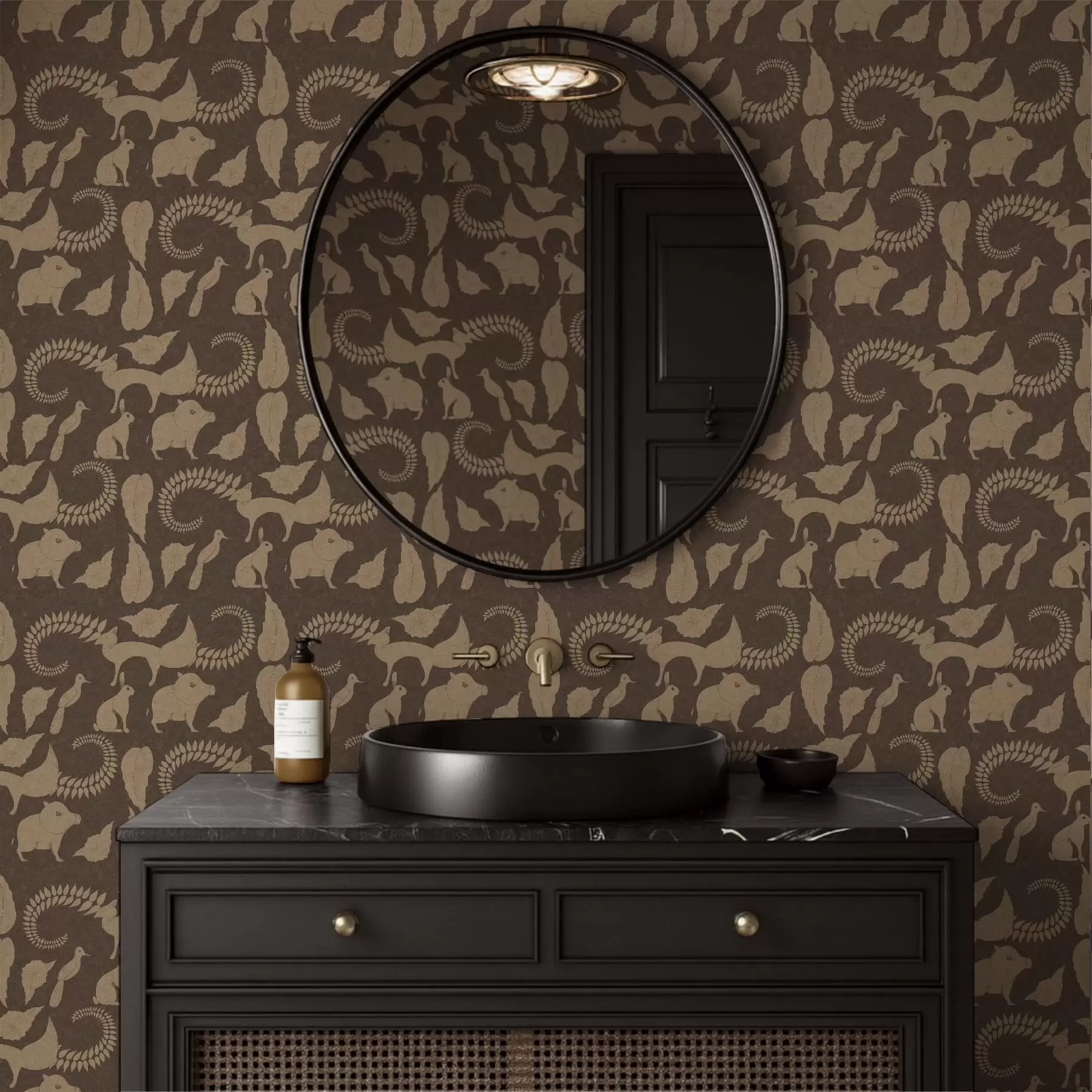 fototapeter Skovmønster med dyr på brun baggrund a01121