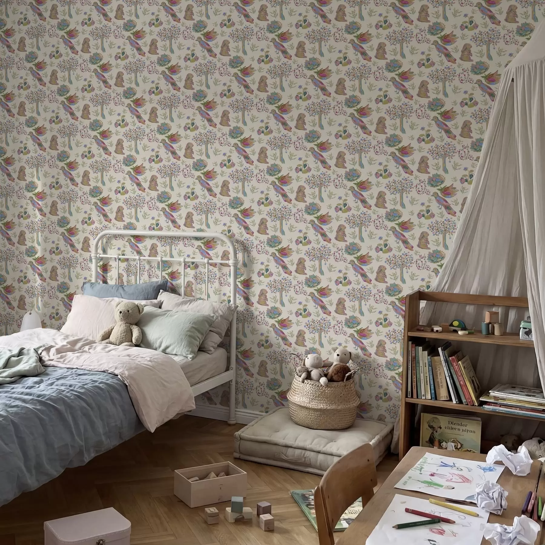 fototapeter Farverigt børnemønster med fugle og kaniner a01127