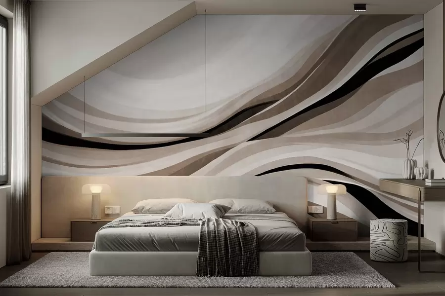 Murale Lignes ondulées abstraites dans des tons de beige et de noir sur fond clair, art texturé w09748