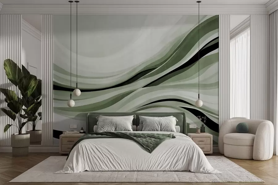 Fototapete Abstrakte Wellenlinien in Grün- und Schwarztönen vor hellem Hintergrund, strukturierte Kunst w09748v1