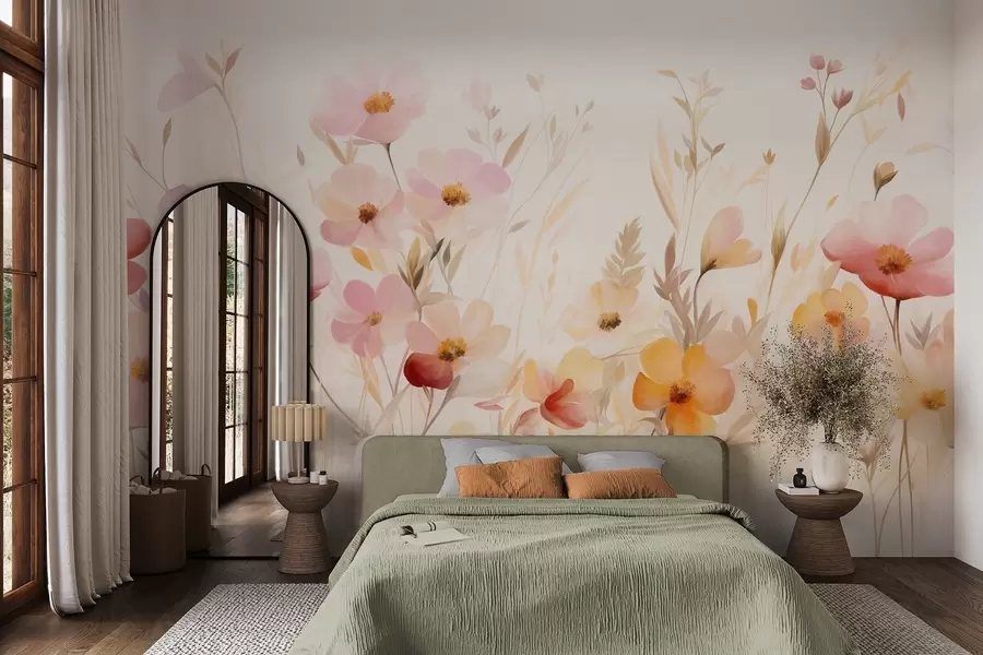 Murale Champ abstrait de fleurs sauvages aux teintes pastel, style aquarelle w09757