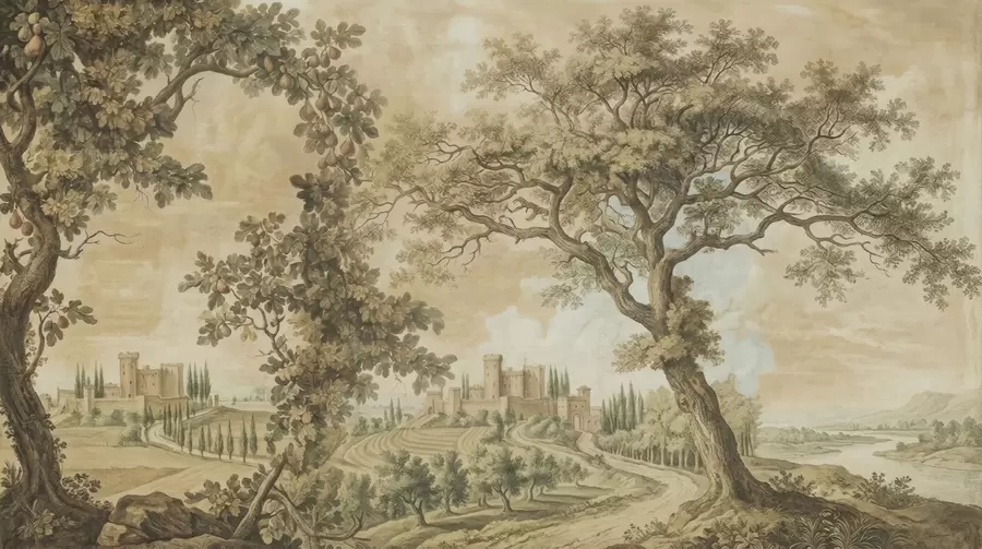 Fototapete Pastorale Landschaft im Stickstil w05359