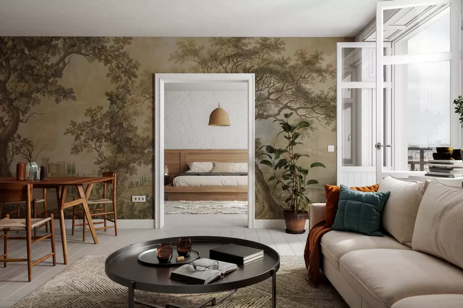 fototapeter Pastoralt landskab i broderet stil w05359