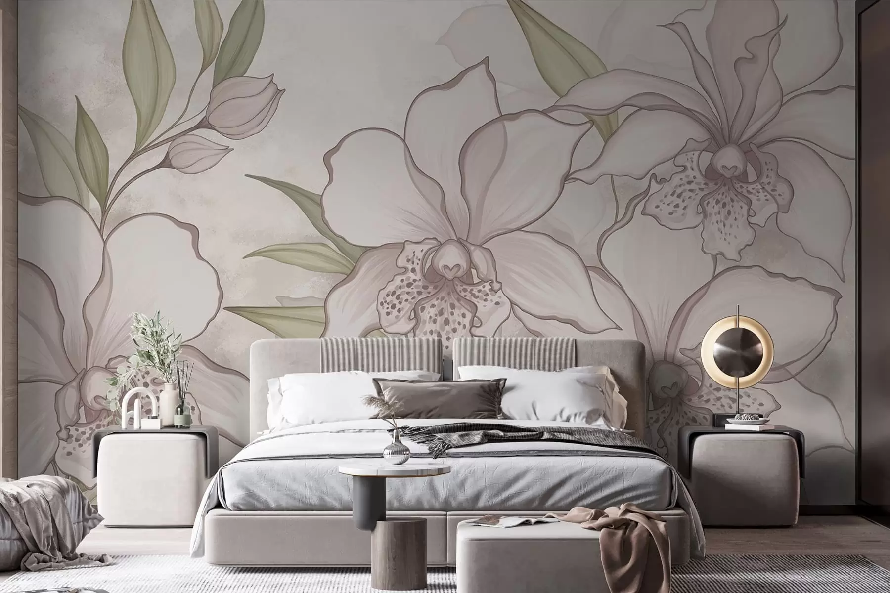 Murale Illustration d'orchidées pâles avec des feuilles sur fond beige w05117
