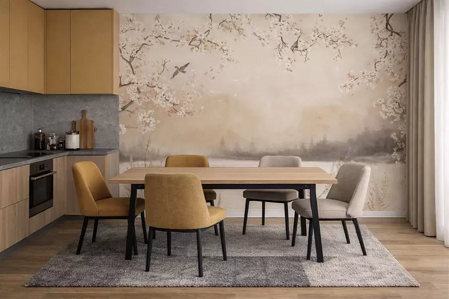 fototapeter Delikate blomstrende grene ved søen med fugle i let tåge w05155