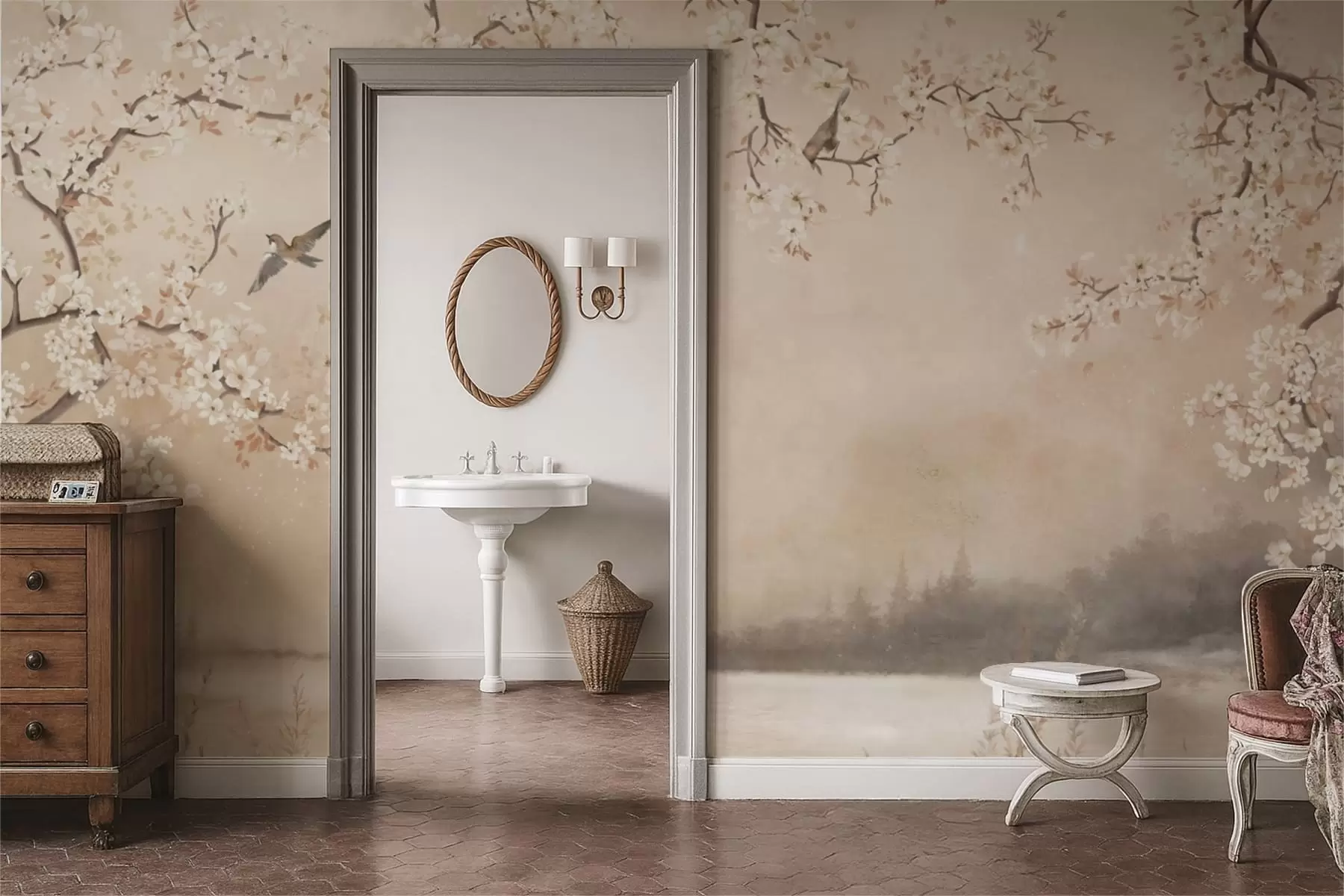 fototapeter Delikate blomstrende grene ved søen med fugle i let tåge w05155