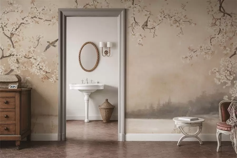 fototapeter Delikate blomstrende grene ved søen med fugle i let tåge w05155