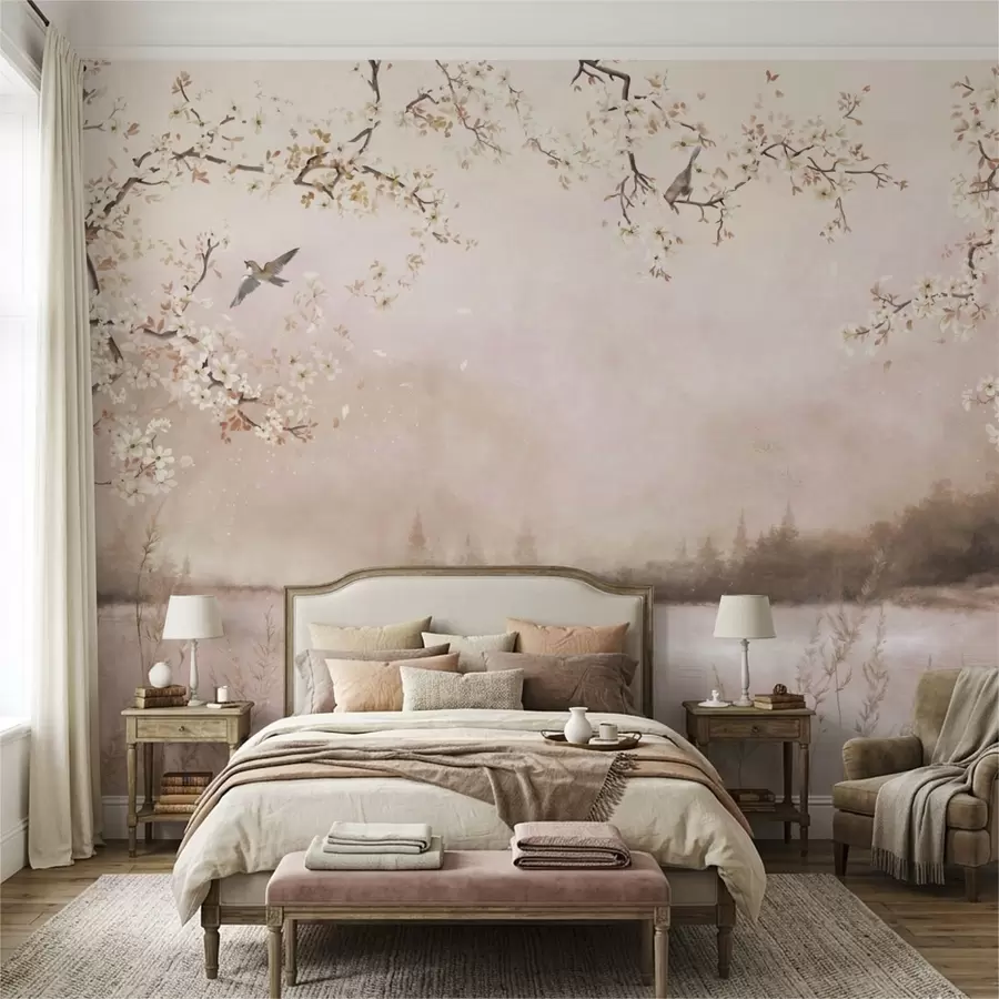 Fototapete Blühende Zweige über einem ruhigen See mit Vögeln im Nebel w05155v1