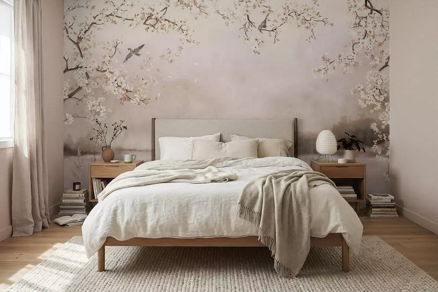 Murale Branches fleuries au-dessus d'un lac calme avec des oiseaux dans la brume w05155v1