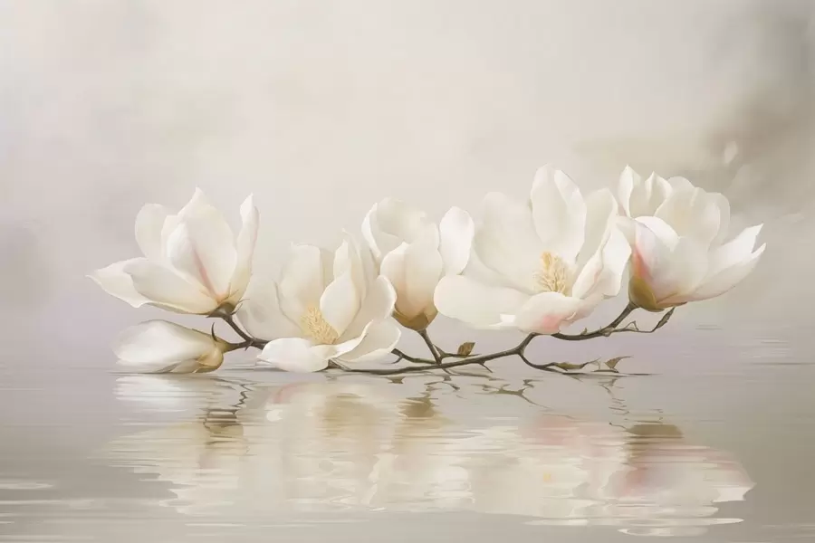 Murale Fleurs de magnolia claires sur une branche au-dessus du reflet de l'eau w05353