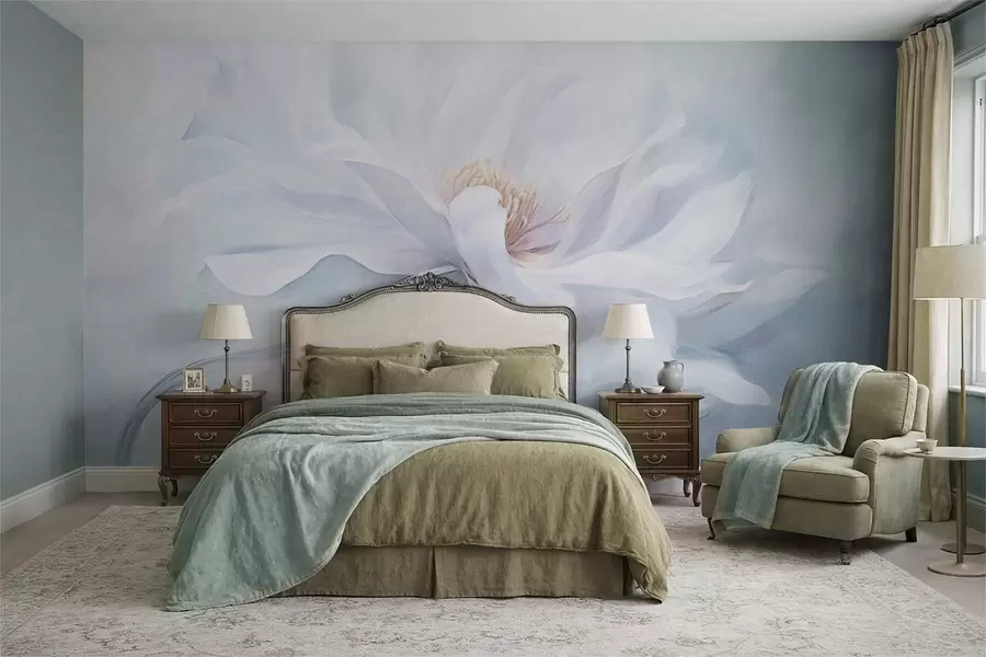 Fototapete Zarte weiße Blume mit fließenden Blütenblättern auf blauem Hintergrund w05354