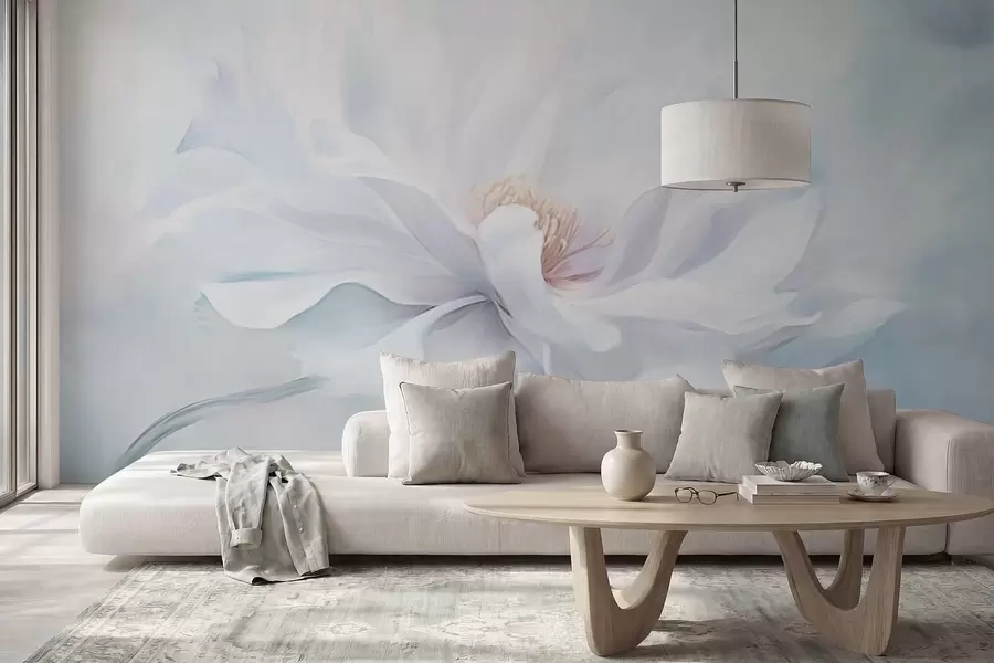 Fototapete Zarte weiße Blume mit fließenden Blütenblättern auf blauem Hintergrund w05354