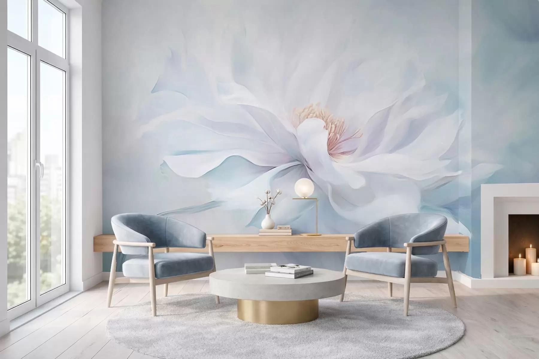 fototapeter Blød hvid blomst med flydende kronblade på blå baggrund w05354