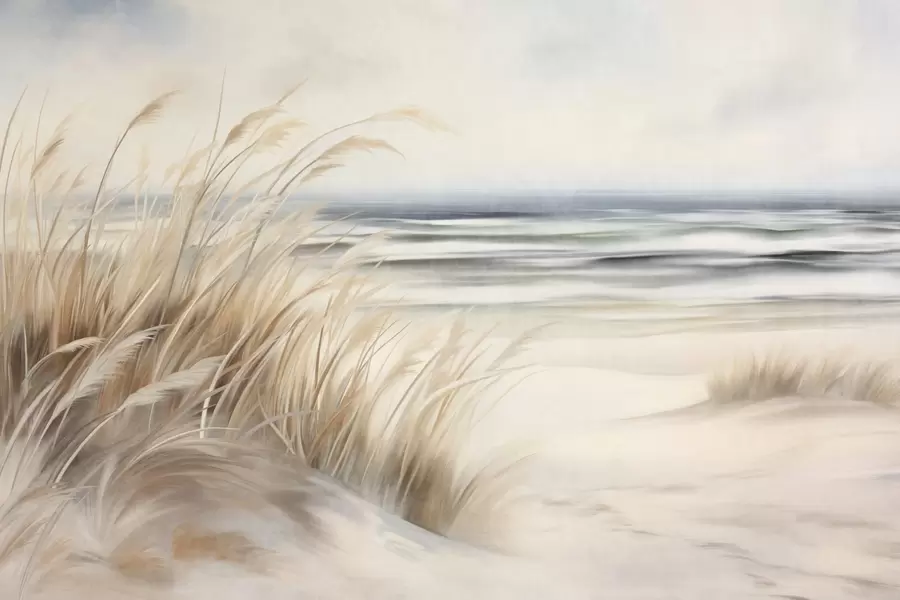 Murale Paysage texturé avec de l'herbe sèche sur une plage de sable, avec l'océan et le ciel en arrière-plan w09739