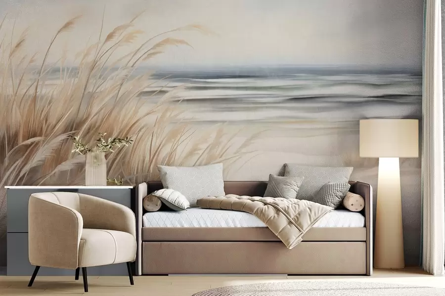 Murale Paysage texturé avec de l'herbe sèche sur une plage de sable, avec l'océan et le ciel en arrière-plan w09739