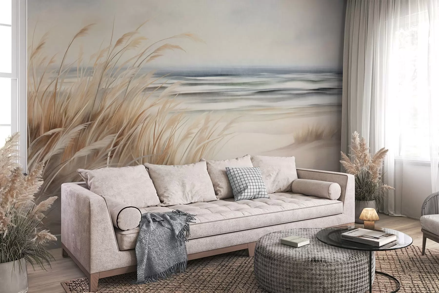Murale Paysage texturé avec de l'herbe sèche sur une plage de sable, avec l'océan et le ciel en arrière-plan w09739