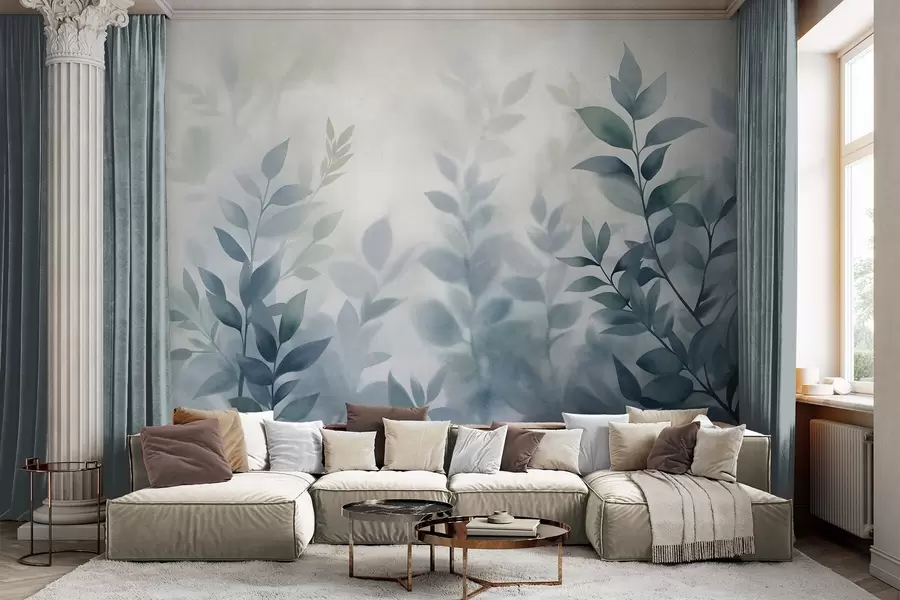 Fototapete Zarte Zweige mit gedeckten blauen Blättern, Aquarellstil, strukturierte Kunst w09750v1